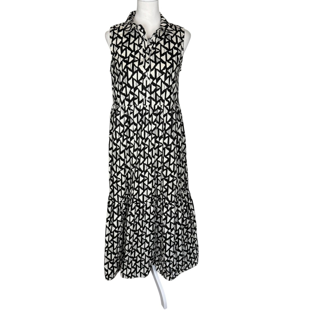 Rachel Zoe Womens Black White Geometric Triangle Sleeveless Tiered Midi Dress S